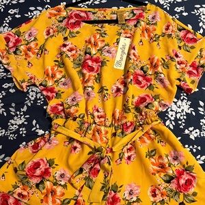 Wrangler Floral Sleeve Romper with Self-Belt, Mustard Floral